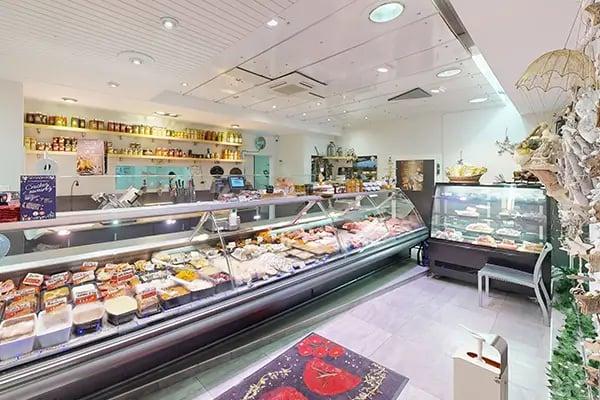 tapis, comptoir, réfrigérateurs, plats, viande